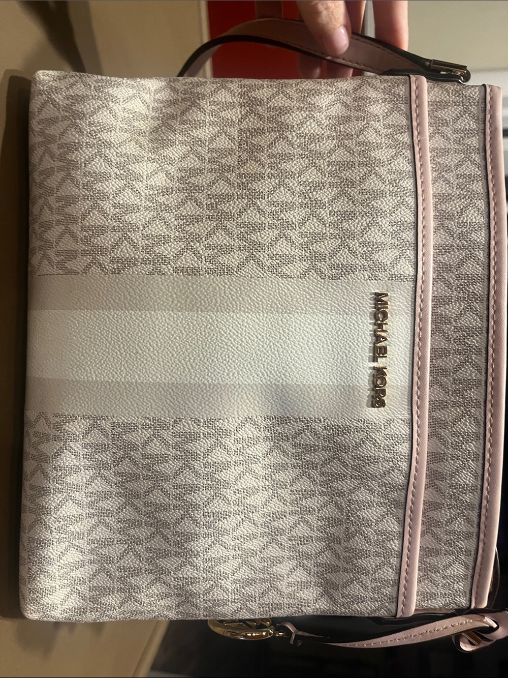 Michael Kors Pale Pink and White Signature Crossbody with Gold Logo